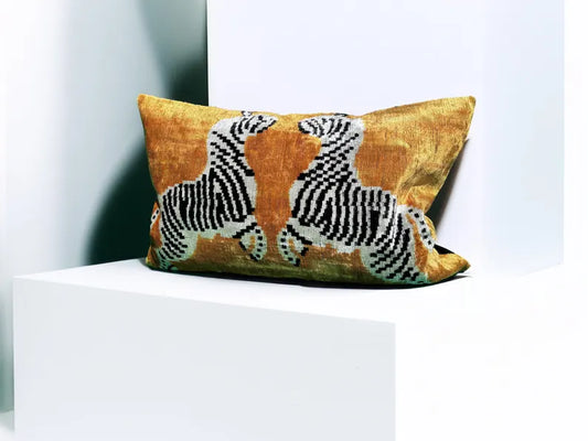 Zebra Print Silk Pillow, Maximalist Animal Motif Cushion, Handwoven Uzbek Lumbar Pillow, Hollywood Regency Home Decor