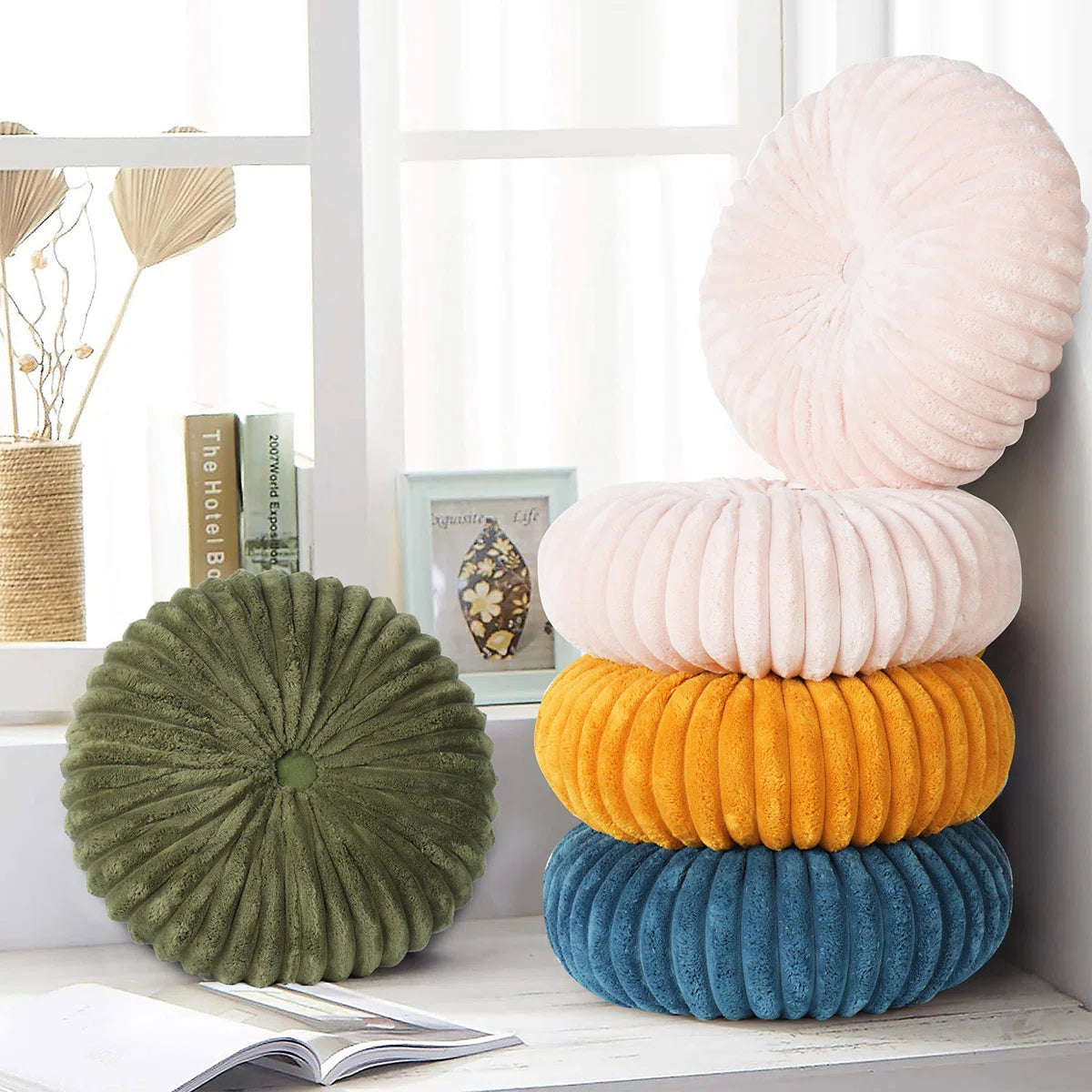 Decorative Round Throw Pillows For Bed Couch - 2 Pieces Handcraft Ruched Pumpkin Pillow, Soft And Durable Velvet Floor Pillow For Home Decor, Bed Living Room And Sofa (Set of 2)