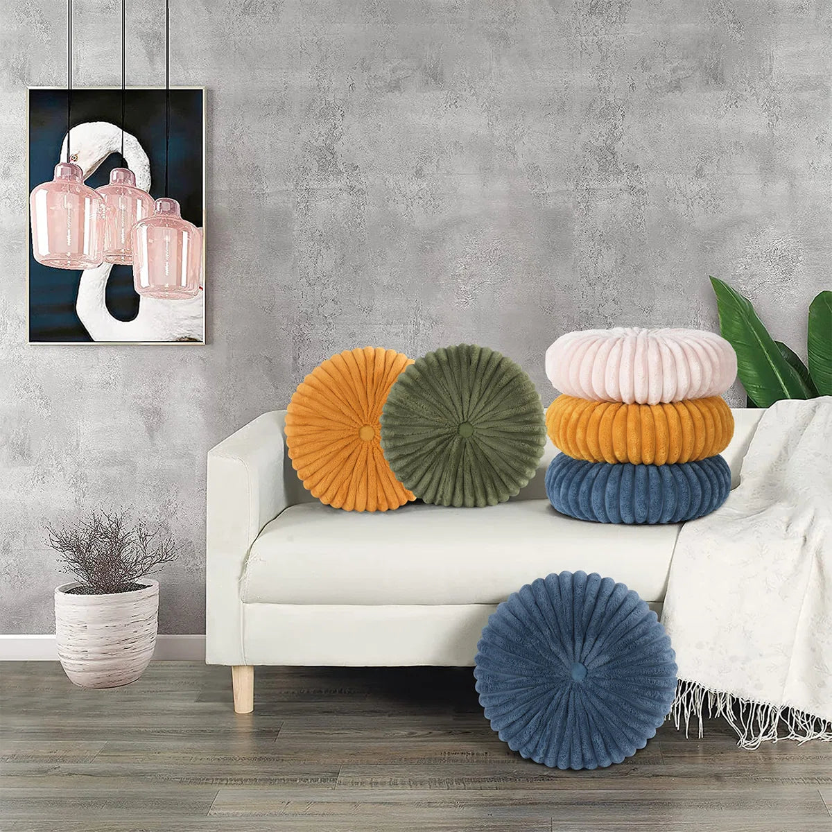 Decorative Round Throw Pillows For Bed Couch - 2 Pieces Handcraft Ruched Pumpkin Pillow, Soft And Durable Velvet Floor Pillow For Home Decor, Bed Living Room And Sofa (Set of 2)